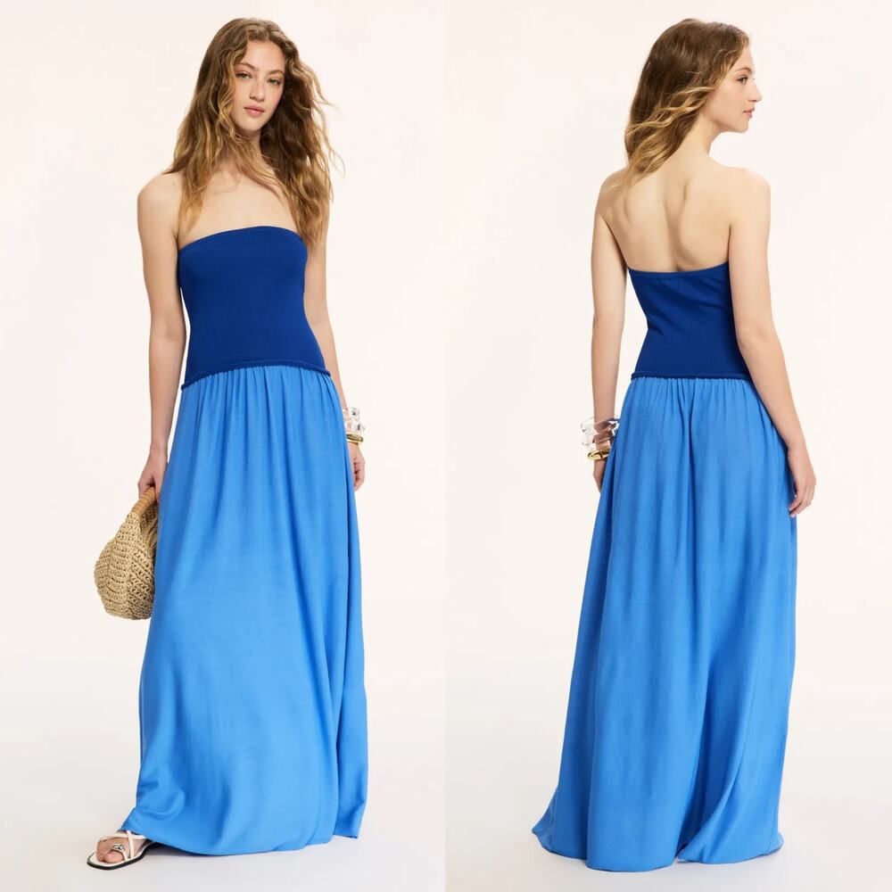 Solid & Striped Soglio Dress Strapless Knit Bodice Maxi A-Line Two Tone Blue M